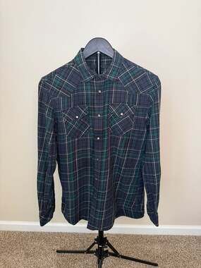 Diesel Men's Green and‎ Navy Plaid Western Snap Button Shirt Size S
